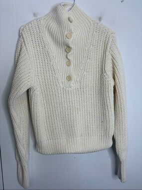 Thinking Mu Sweater Womens Small Classic Cream Half Button Chunky Knit crop